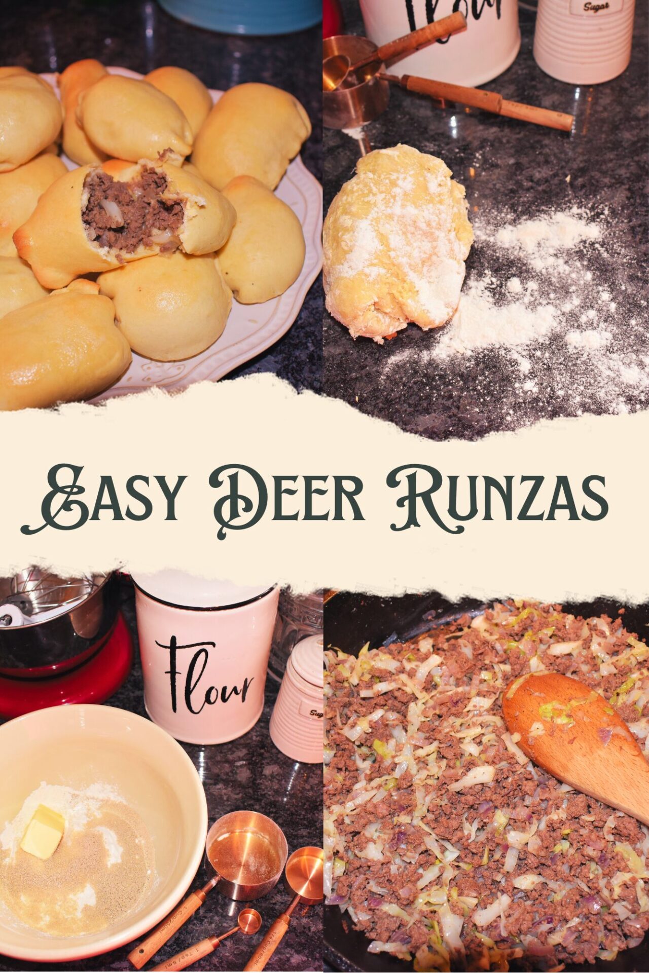 Four pictures showing the process of making the easy deer Runzas