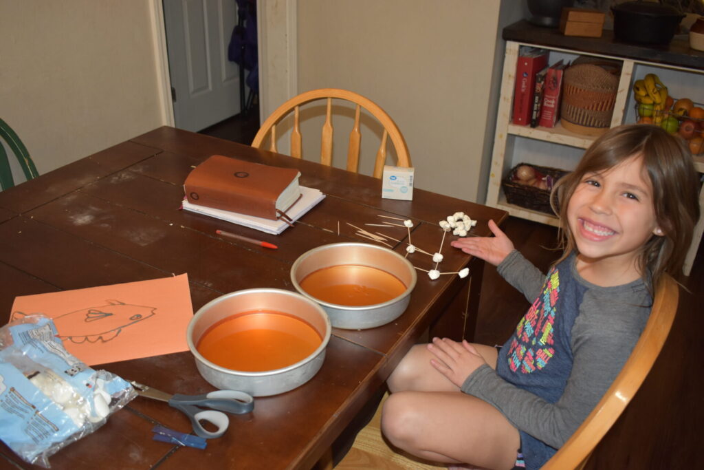 Child displaying a science craft at the kitchen table.