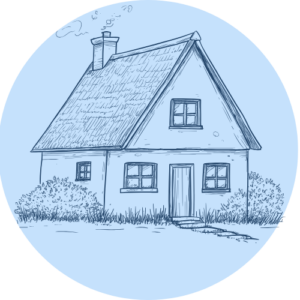 Light blue circle with sketch of a house