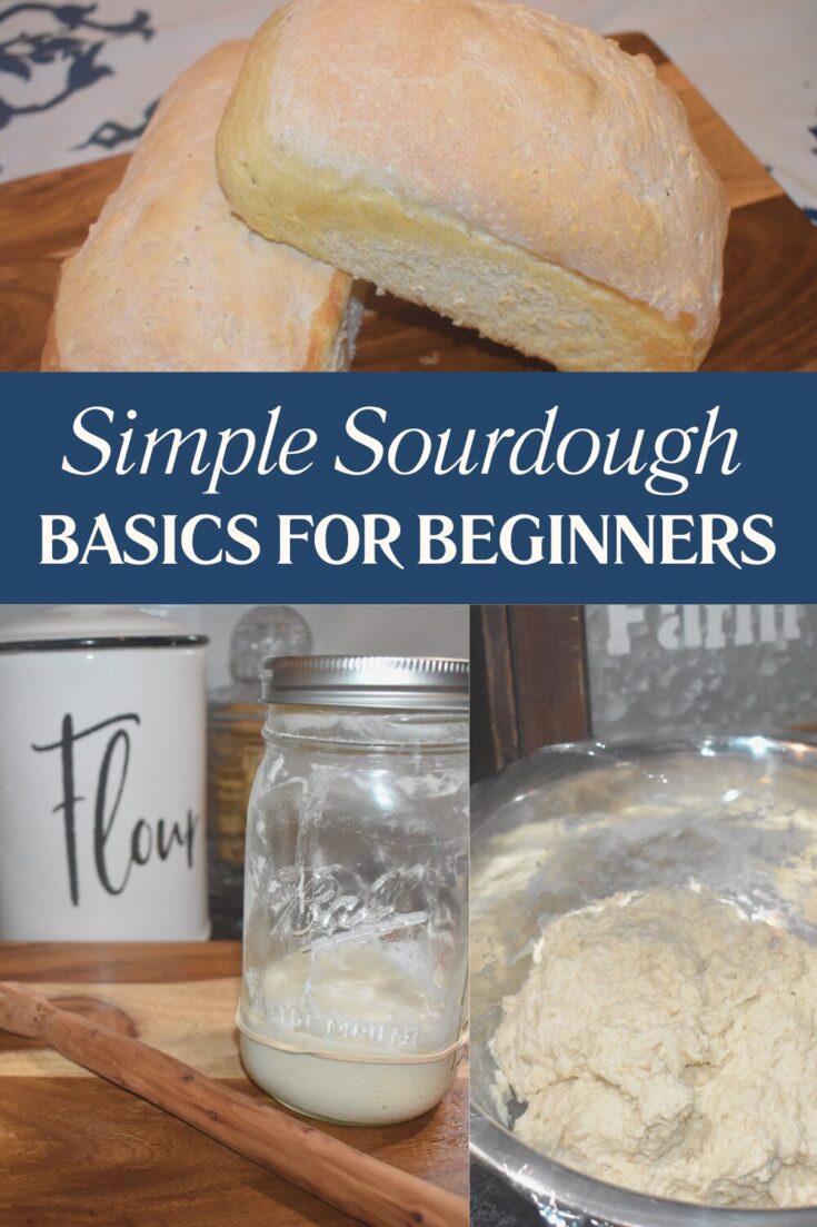 Two sourdough loafs on a cutting board, a jar of starter with flour jar in the background, sourdough in a mixing bowl