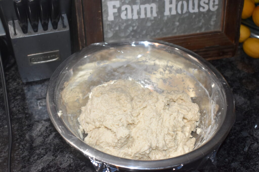 Sourdough in a mixing bowl ready to rise.