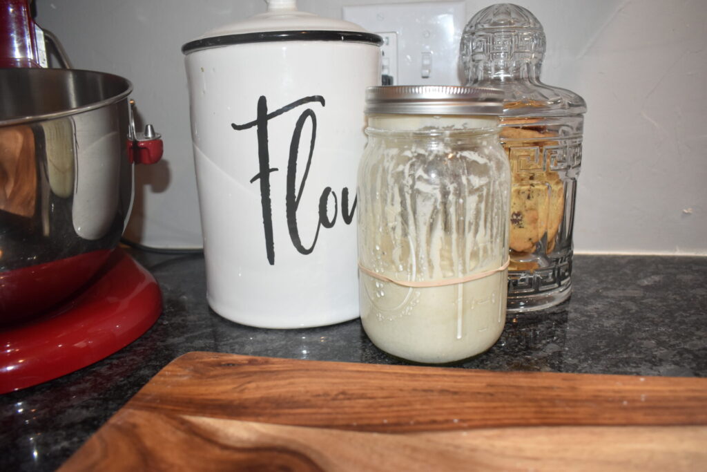 Sourdough starter sitting on a counter waiting to rise