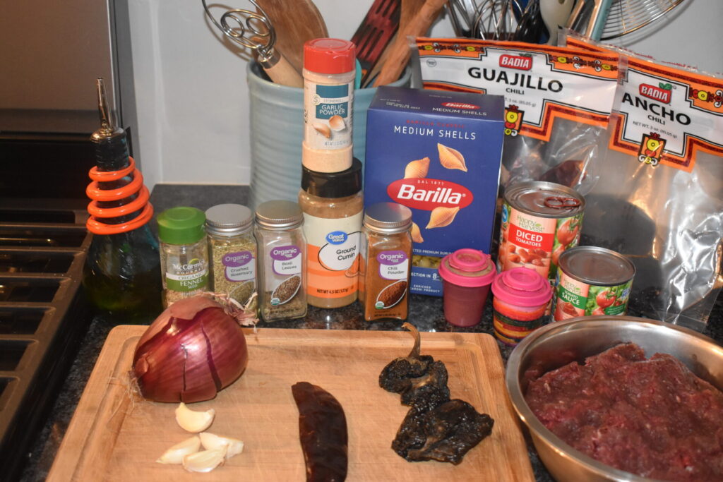 Ingredients spread on the counter for the pasta dish