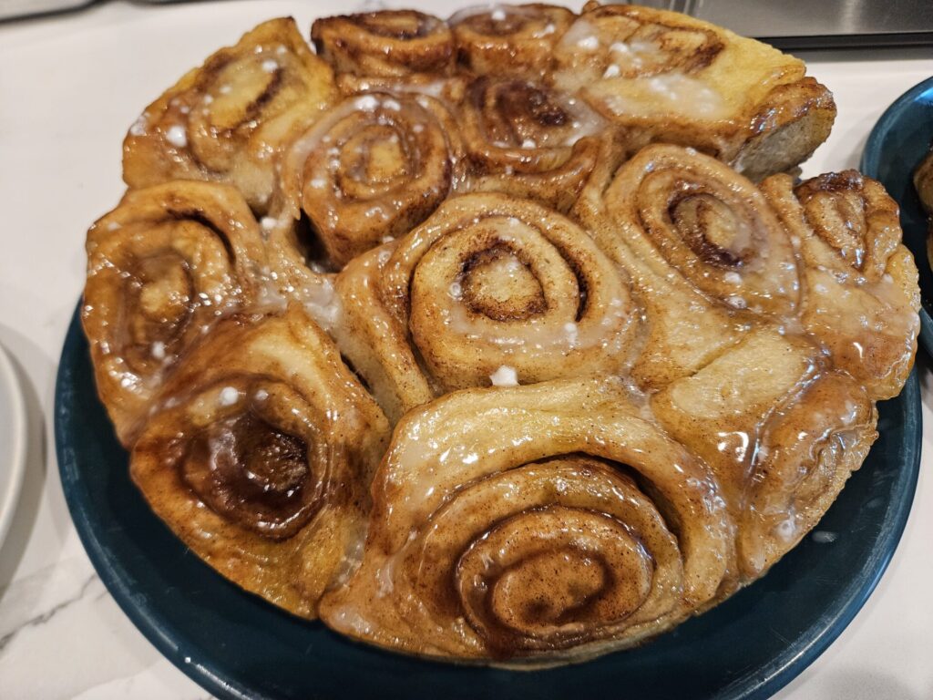 Close up of cooked sourdough cinnamon rolls