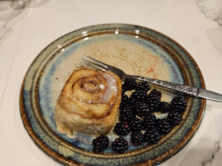 Single cinnamon roll on a plate with black berries on the side